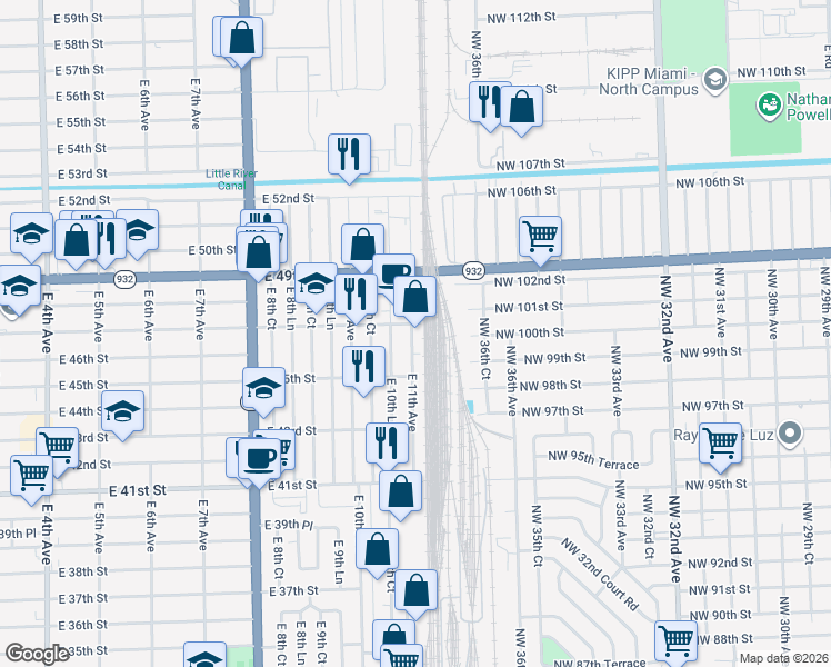 map of restaurants, bars, coffee shops, grocery stores, and more near 4733 East 11th Avenue in Hialeah
