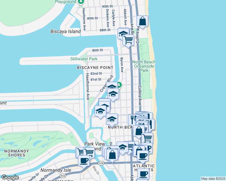 map of restaurants, bars, coffee shops, grocery stores, and more near 8021 Crespi Boulevard in Miami Beach