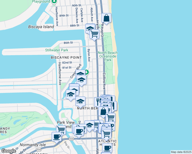 map of restaurants, bars, coffee shops, grocery stores, and more near 8040 Harding Avenue in Miami Beach