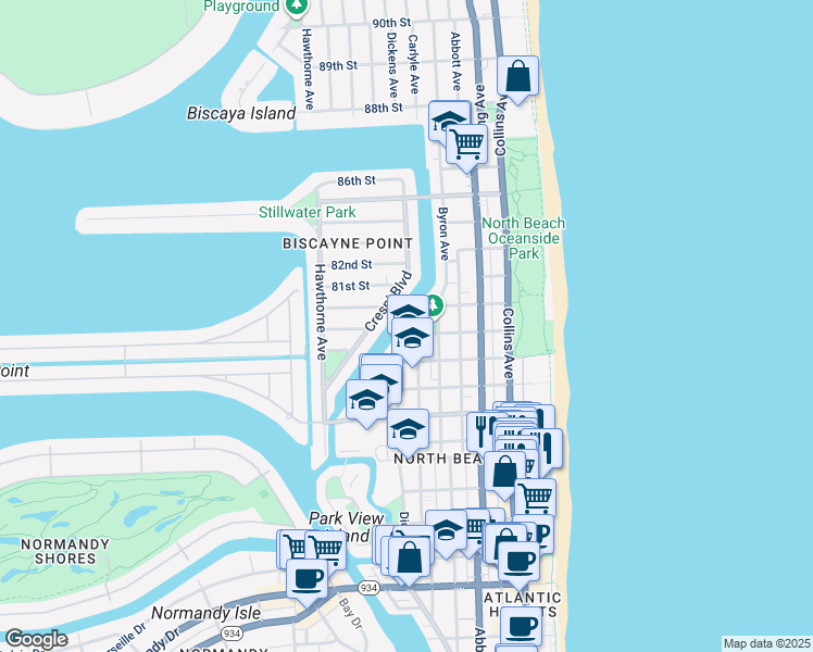 map of restaurants, bars, coffee shops, grocery stores, and more near 8021 Crespi Boulevard in Miami Beach