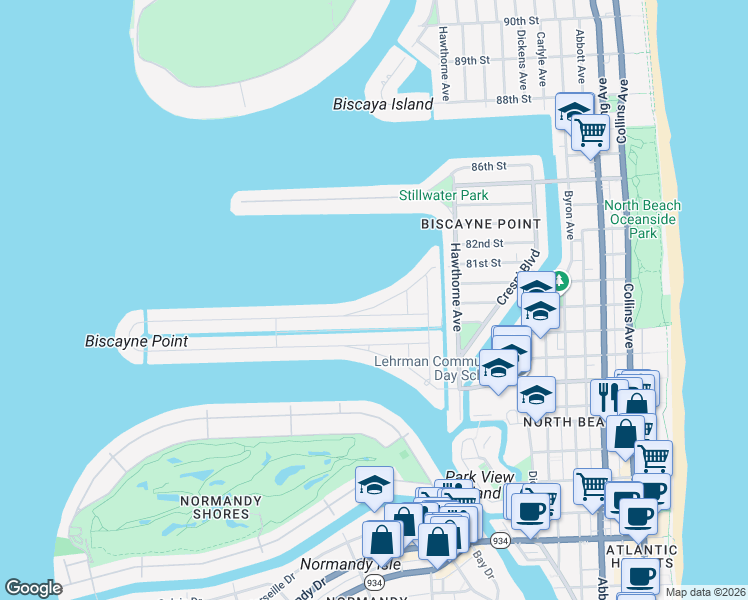 map of restaurants, bars, coffee shops, grocery stores, and more near 1305 North Biscayne Point Road in Miami Beach