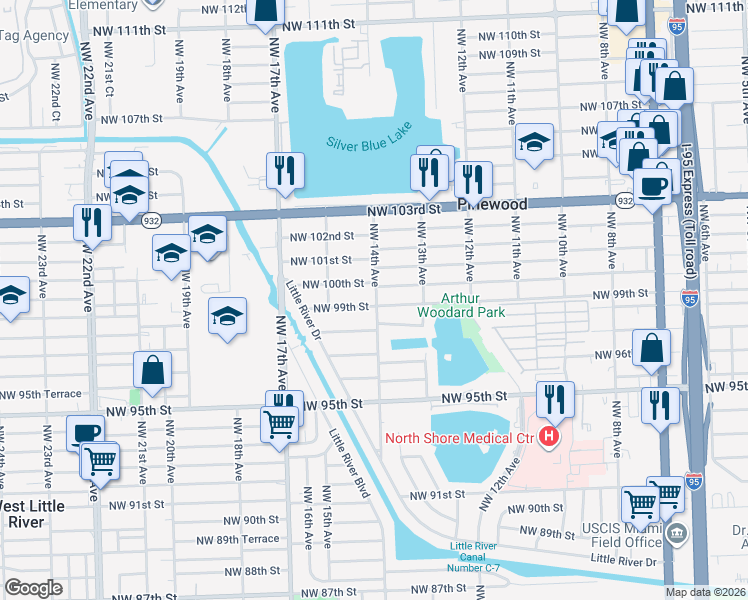 map of restaurants, bars, coffee shops, grocery stores, and more near 1381 Northwest 100th Street in Miami