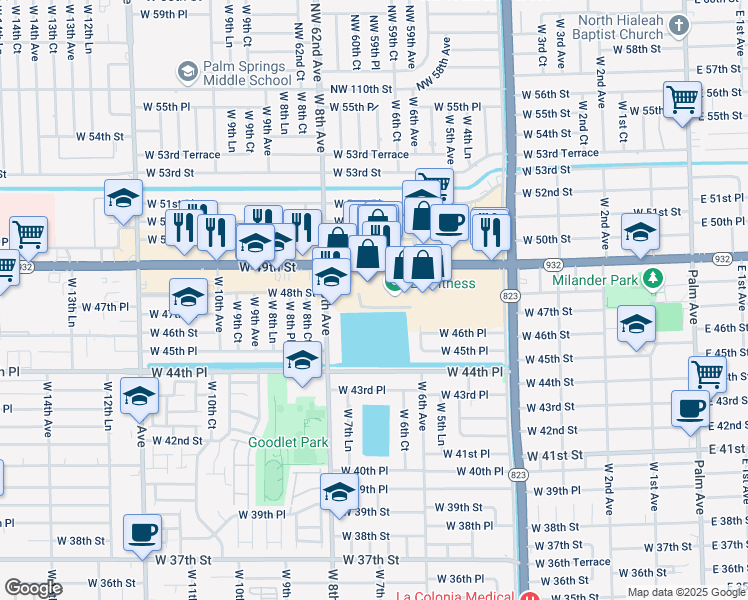 map of restaurants, bars, coffee shops, grocery stores, and more near 680 West 49th Street in Hialeah