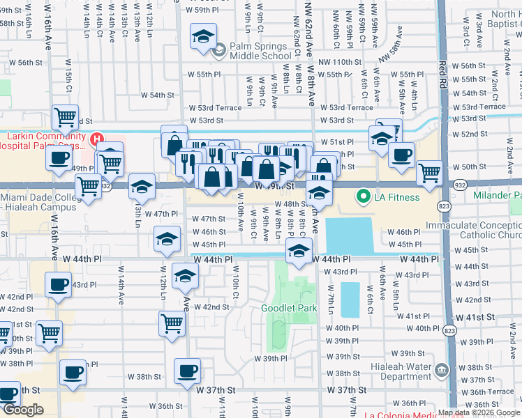 map of restaurants, bars, coffee shops, grocery stores, and more near 937 West 48th Street in Hialeah