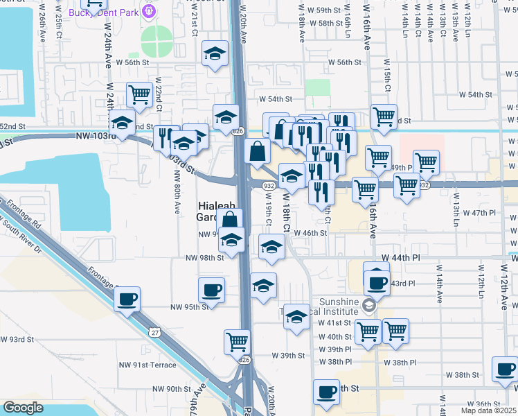 map of restaurants, bars, coffee shops, grocery stores, and more near W 20th Ave in Hialeah