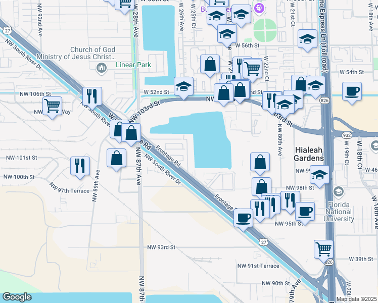 map of restaurants, bars, coffee shops, grocery stores, and more near 9915 West Okeechobee Road in Hialeah