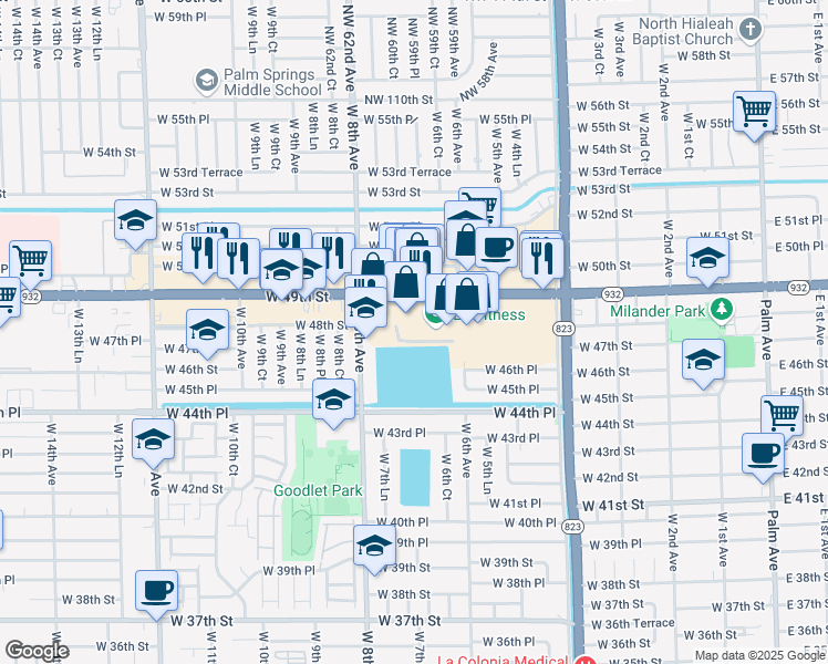 map of restaurants, bars, coffee shops, grocery stores, and more near 700 West 49th Street in Hialeah