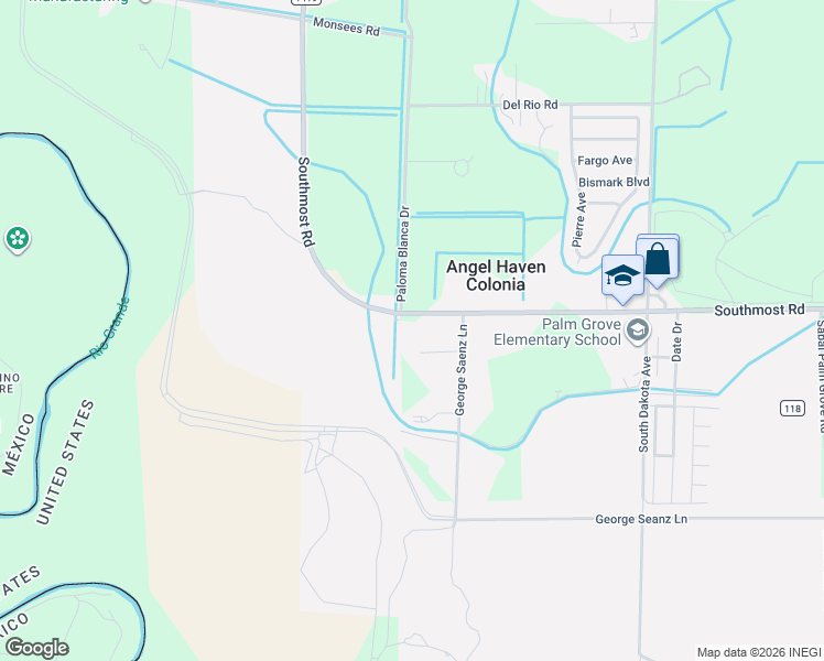 map of restaurants, bars, coffee shops, grocery stores, and more near 4595 Paloma Blanca Drive in Brownsville