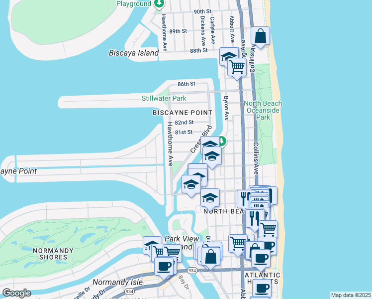 map of restaurants, bars, coffee shops, grocery stores, and more near 931 79th Terrace in Miami Beach