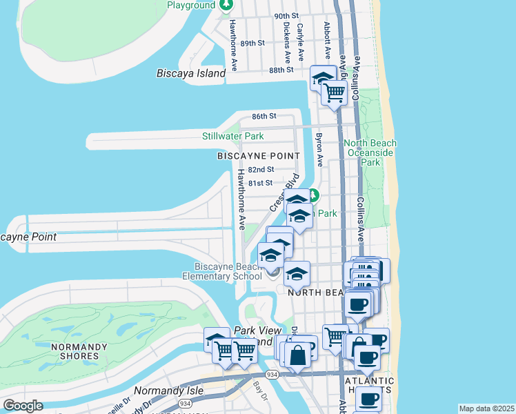 map of restaurants, bars, coffee shops, grocery stores, and more near 851 80th Street in Miami Beach