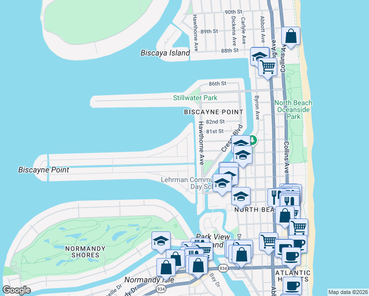 map of restaurants, bars, coffee shops, grocery stores, and more near 8060 Noremac Avenue in Miami Beach
