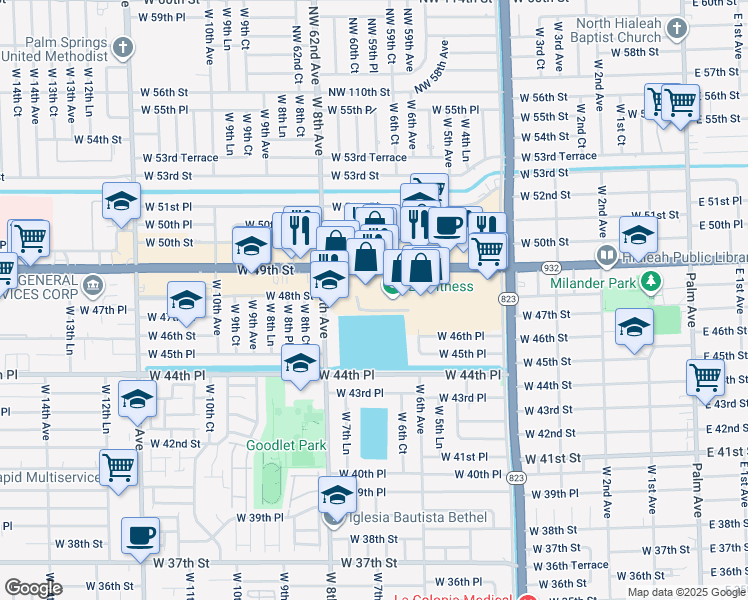 map of restaurants, bars, coffee shops, grocery stores, and more near 700 West 49th Street in Hialeah