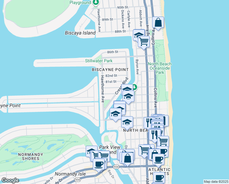 map of restaurants, bars, coffee shops, grocery stores, and more near 851 80th Street in Miami Beach