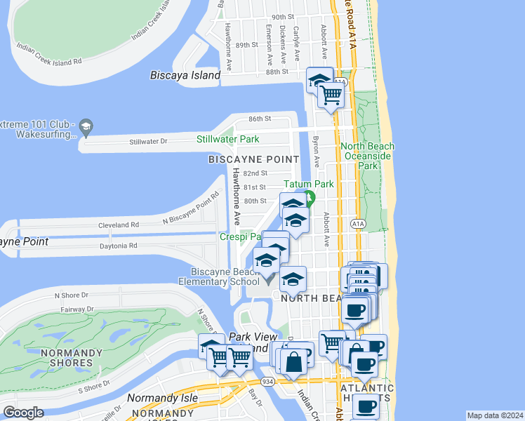 map of restaurants, bars, coffee shops, grocery stores, and more near 851 80th Street in Miami Beach