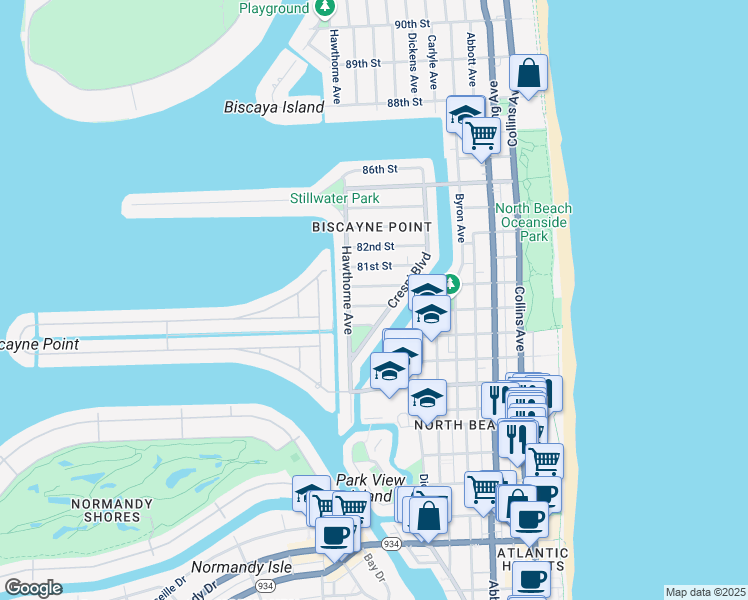 map of restaurants, bars, coffee shops, grocery stores, and more near 851 80th Street in Miami Beach