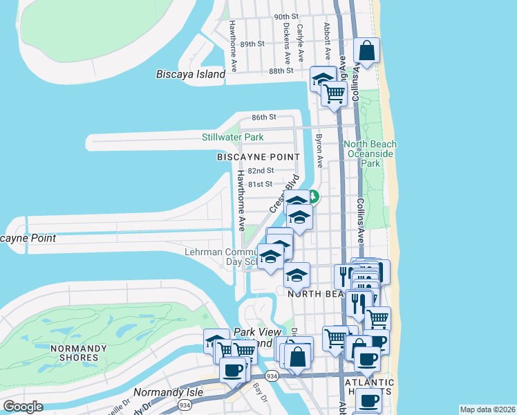 map of restaurants, bars, coffee shops, grocery stores, and more near 851 80th Street in Miami Beach
