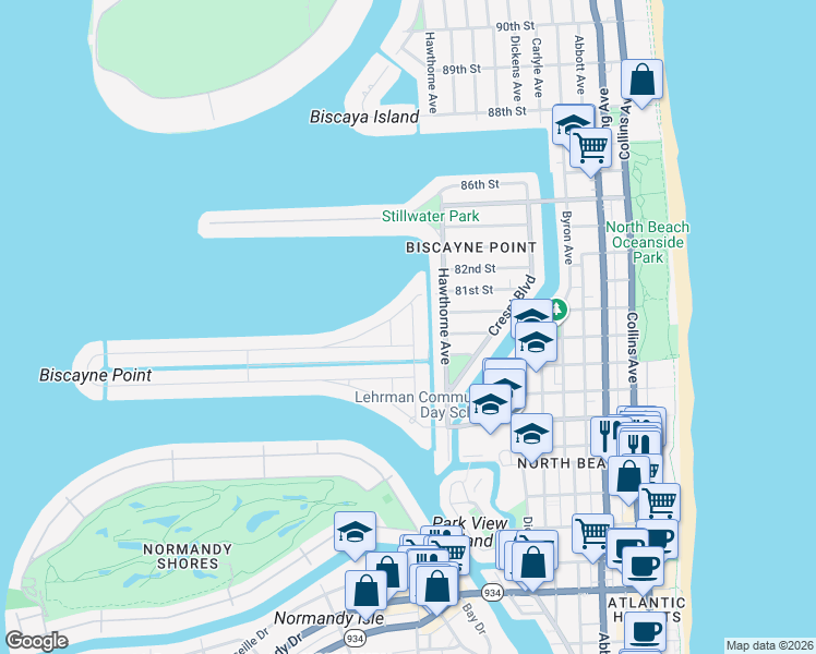map of restaurants, bars, coffee shops, grocery stores, and more near 8060 Noremac Avenue in Miami Beach