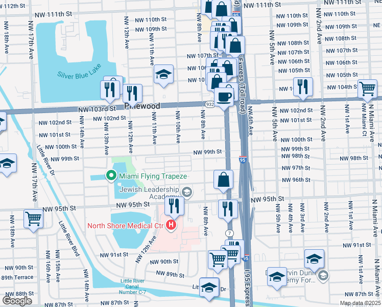 map of restaurants, bars, coffee shops, grocery stores, and more near 840 Northwest 100th Street in Miami