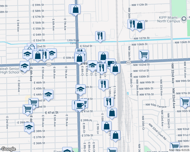 map of restaurants, bars, coffee shops, grocery stores, and more near 4737 East 9th Lane in Hialeah