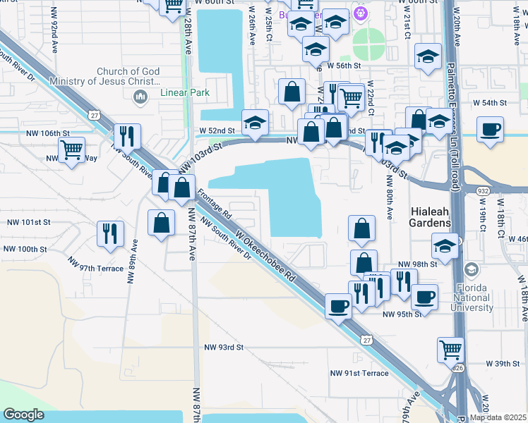 map of restaurants, bars, coffee shops, grocery stores, and more near 9915 West Okeechobee Road in Hialeah
