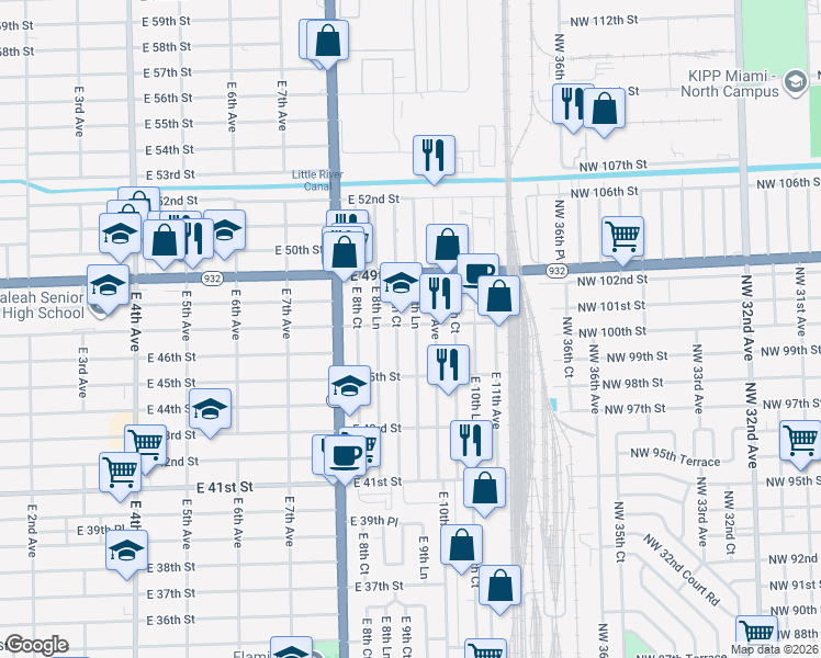 map of restaurants, bars, coffee shops, grocery stores, and more near 4737 East 9th Lane in Hialeah