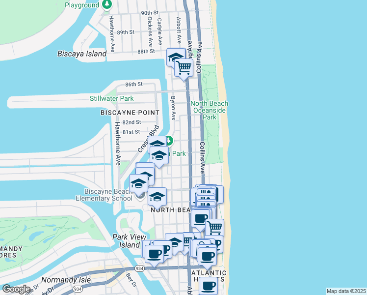 map of restaurants, bars, coffee shops, grocery stores, and more near 8040 Harding Avenue in Miami Beach