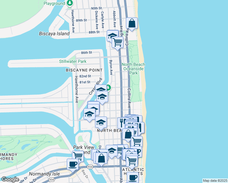map of restaurants, bars, coffee shops, grocery stores, and more near 8080 Byron Avenue in Miami Beach