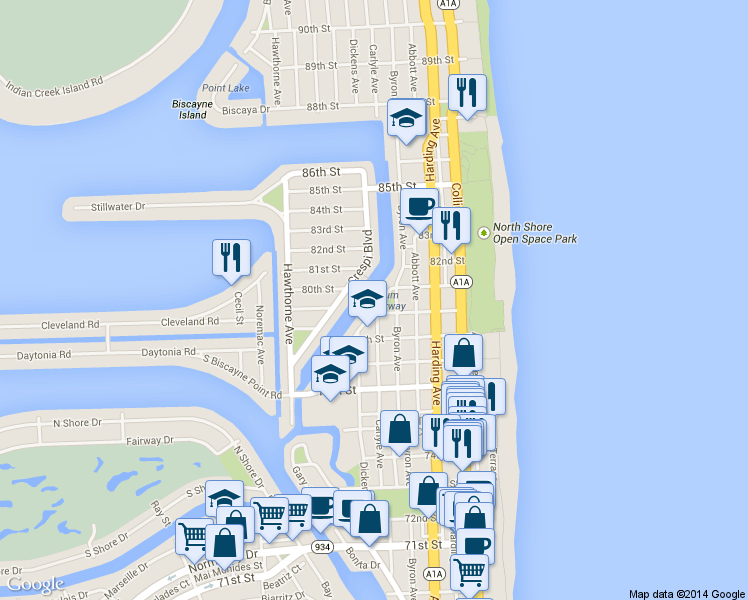 map of restaurants, bars, coffee shops, grocery stores, and more near 8021 Crespi Boulevard in Miami Beach