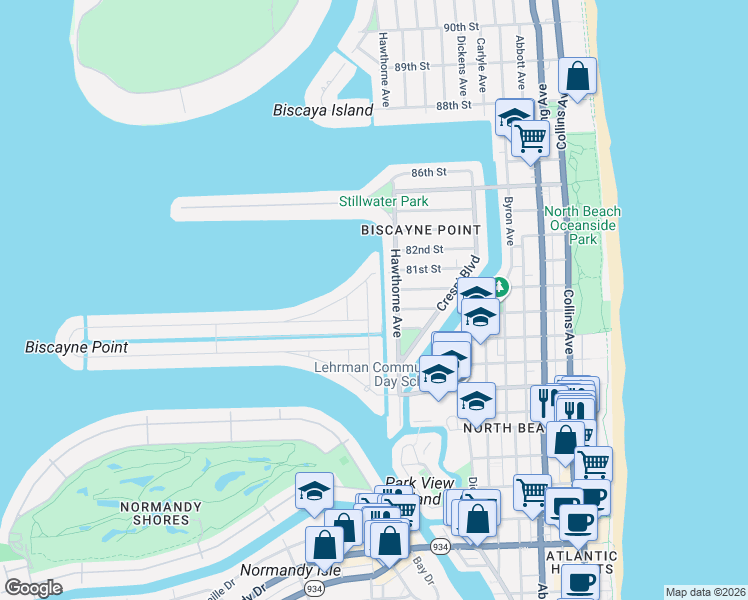 map of restaurants, bars, coffee shops, grocery stores, and more near 8060 Noremac Avenue in Miami Beach
