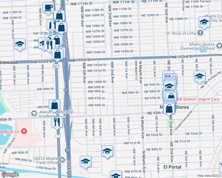 map of restaurants, bars, coffee shops, grocery stores, and more near 211 Northwest 99th Street in Miami
