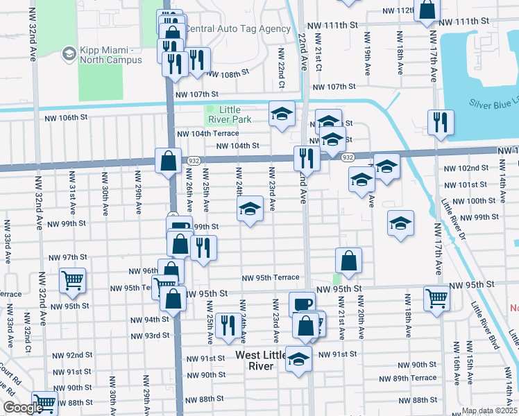 map of restaurants, bars, coffee shops, grocery stores, and more near 2304 Northwest 100th Street in Miami