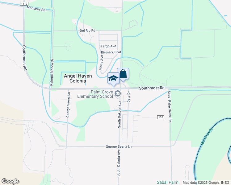 map of restaurants, bars, coffee shops, grocery stores, and more near 7942 Southmost Road in Brownsville