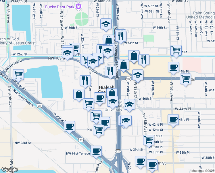 map of restaurants, bars, coffee shops, grocery stores, and more near in Hialeah Gardens