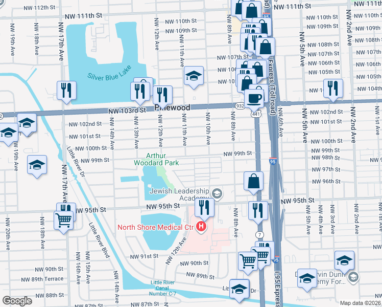 map of restaurants, bars, coffee shops, grocery stores, and more near 1077 Northwest 100th Street in Miami
