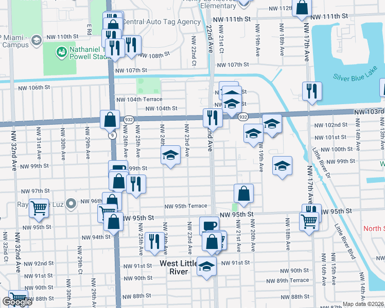 map of restaurants, bars, coffee shops, grocery stores, and more near 2304 Northwest 100th Street in Miami