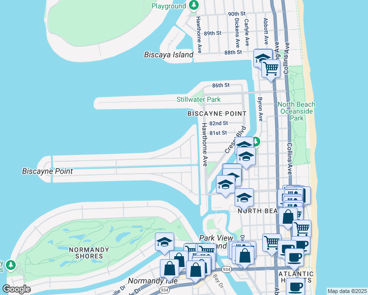 map of restaurants, bars, coffee shops, grocery stores, and more near 8060 Noremac Avenue in Miami Beach