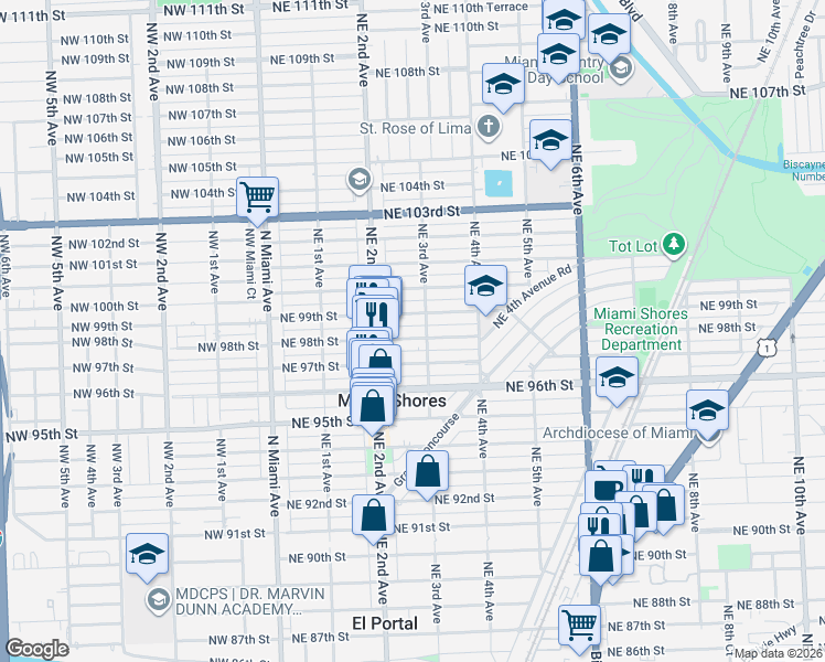 map of restaurants, bars, coffee shops, grocery stores, and more near 304 Northeast 99th Street in Miami Shores