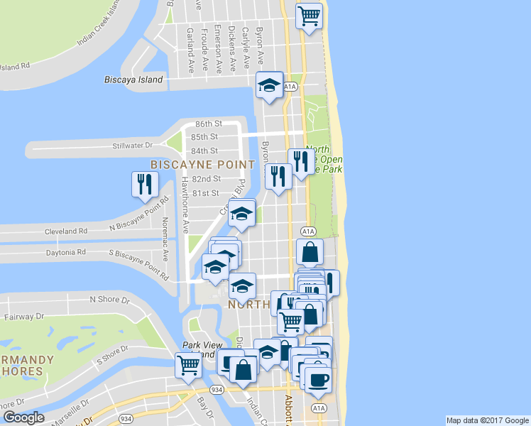 map of restaurants, bars, coffee shops, grocery stores, and more near 8080 Byron Avenue in Miami Beach