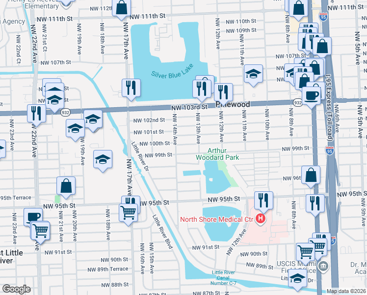 map of restaurants, bars, coffee shops, grocery stores, and more near 1381 Northwest 100th Street in Miami