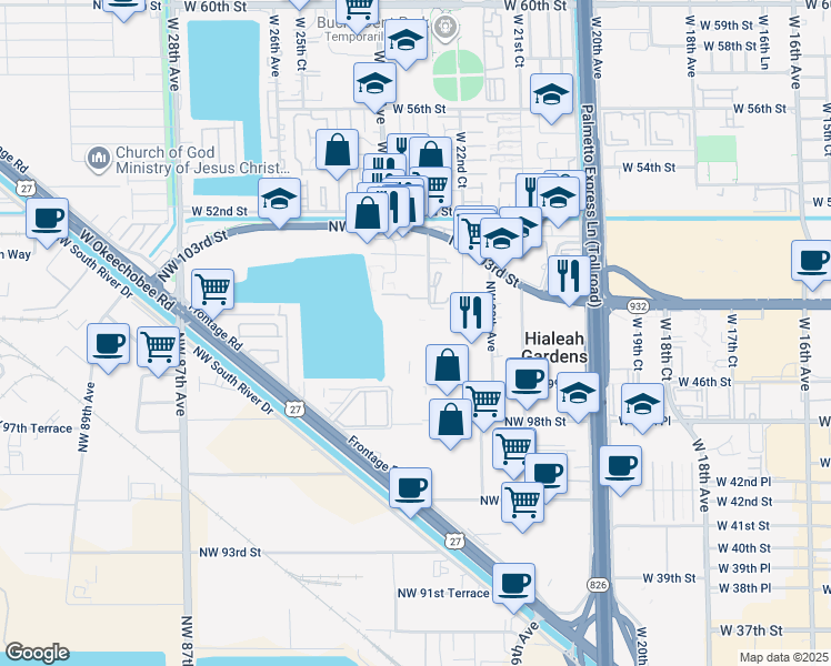 map of restaurants, bars, coffee shops, grocery stores, and more near 197 Northwest 80th Court in Hialeah Gardens