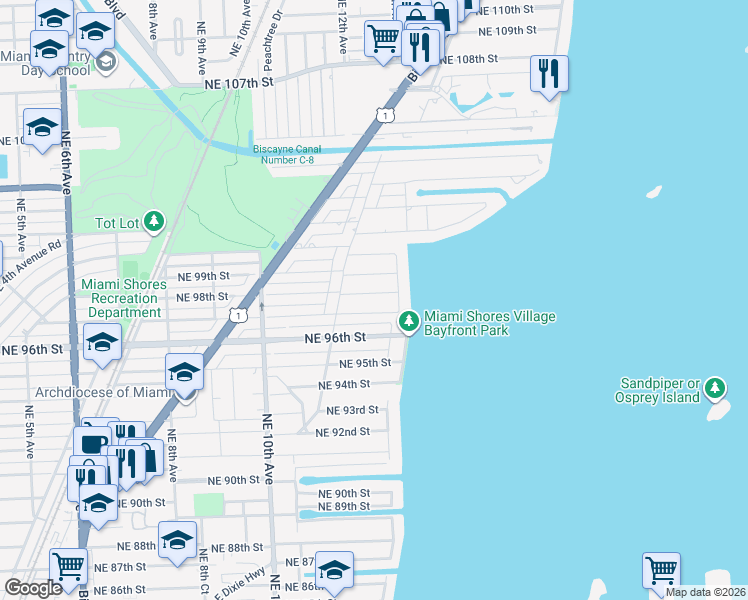 map of restaurants, bars, coffee shops, grocery stores, and more near 1279 Northeast 98th Street in Miami Shores