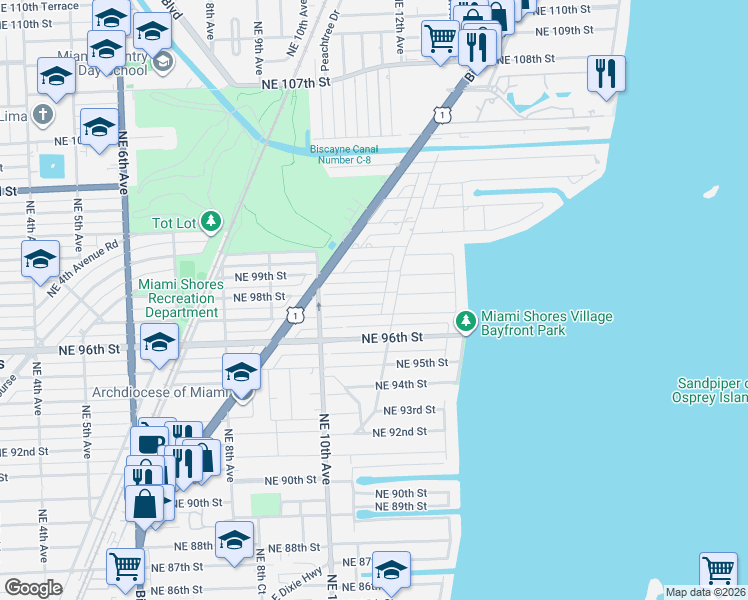 map of restaurants, bars, coffee shops, grocery stores, and more near 1143 Northeast 98th Street in Miami Shores