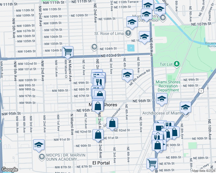 map of restaurants, bars, coffee shops, grocery stores, and more near 304 Northeast 99th Street in Miami Shores