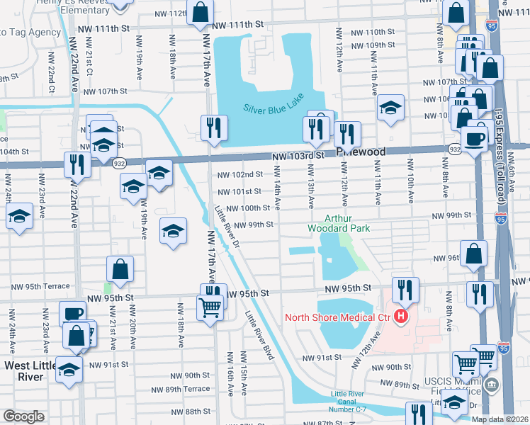 map of restaurants, bars, coffee shops, grocery stores, and more near 1447 Northwest 100th Street in Miami