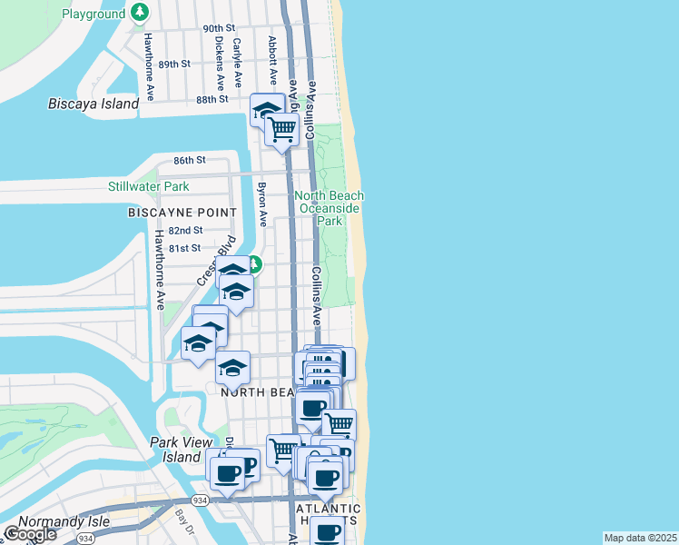 map of restaurants, bars, coffee shops, grocery stores, and more near 8101 Abbott Avenue in Miami Beach