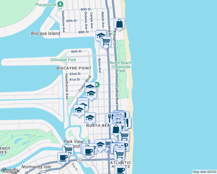 map of restaurants, bars, coffee shops, grocery stores, and more near 8040 Harding Avenue in Miami Beach