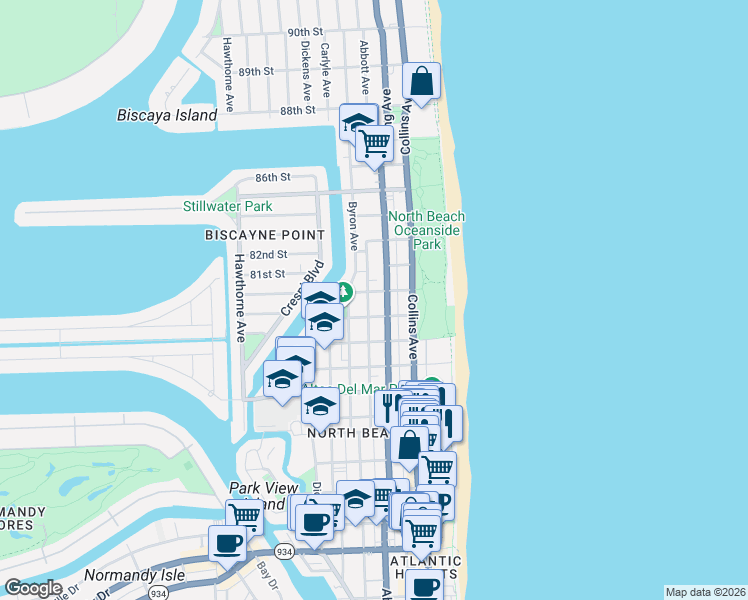 map of restaurants, bars, coffee shops, grocery stores, and more near 8040 Harding Avenue in Miami Beach