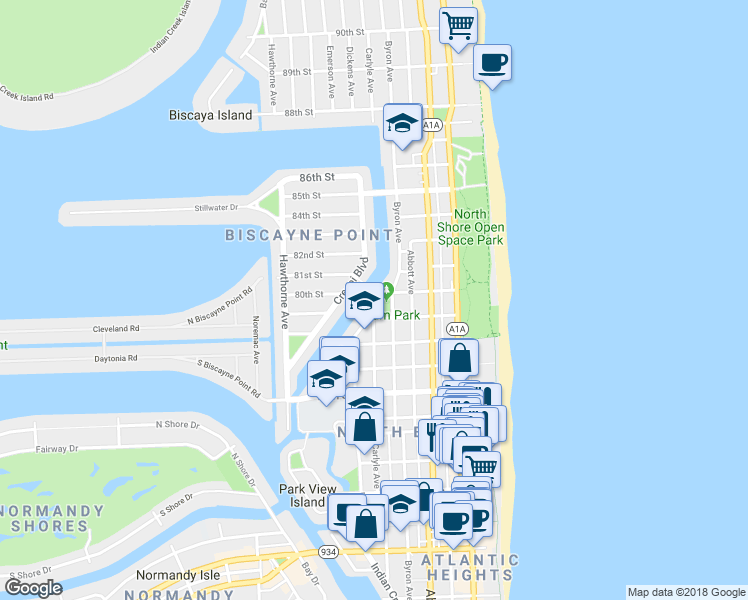 map of restaurants, bars, coffee shops, grocery stores, and more near 8080 Byron Avenue in Miami Beach
