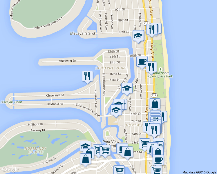 map of restaurants, bars, coffee shops, grocery stores, and more near in Miami Beach