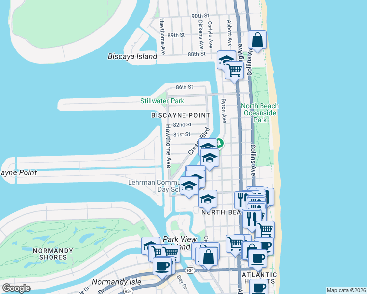 map of restaurants, bars, coffee shops, grocery stores, and more near 851 80th Street in Miami Beach